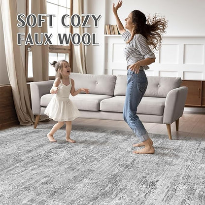 Grey Rug 7x9 Area Rug: Washable Boho Large Vintage Neutral Soft Rugs Stain Resistant Farmhouse Non-Slip Indoor Floor Carpet for Living Room Bedroom Playroom Office Dining Room Apartment Dorm