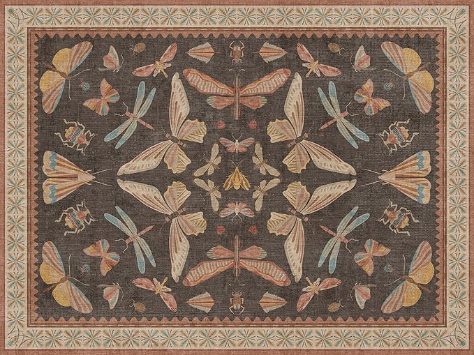 Boho Brown Farmhouse Rug 3x4, Soft Low Pile Entryway Carpet for Kitchen, Bedroom, Mudroom & Laundry Room, Vintage Insect Home Décor