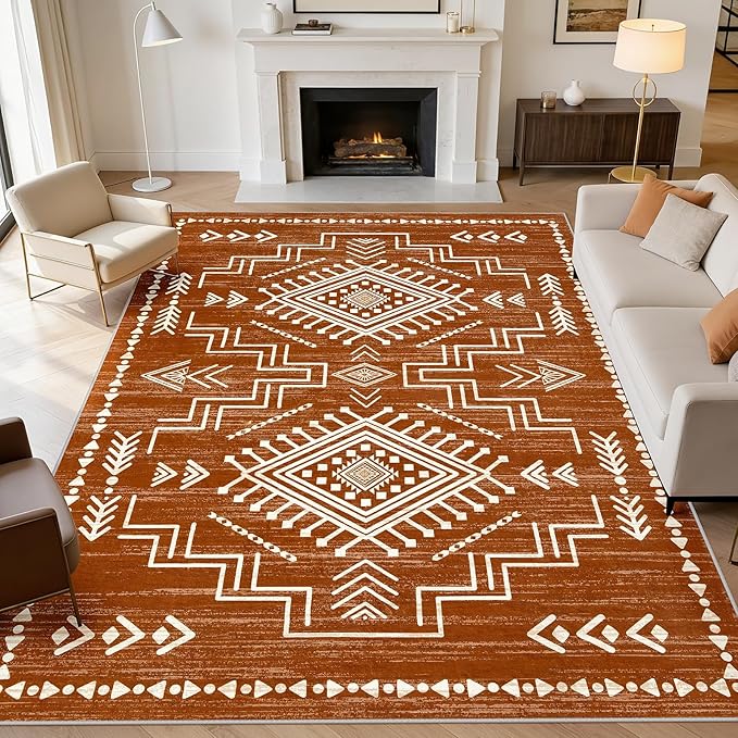 Joydeco Moroccan Washable 8x10 Rugs for Living Room, Western Burnt Orange Large Area Rug for Bedroom Dining Room, Soft Stain Resistant Aztec Carpet Fall Rug for Guestroom Office Playroom