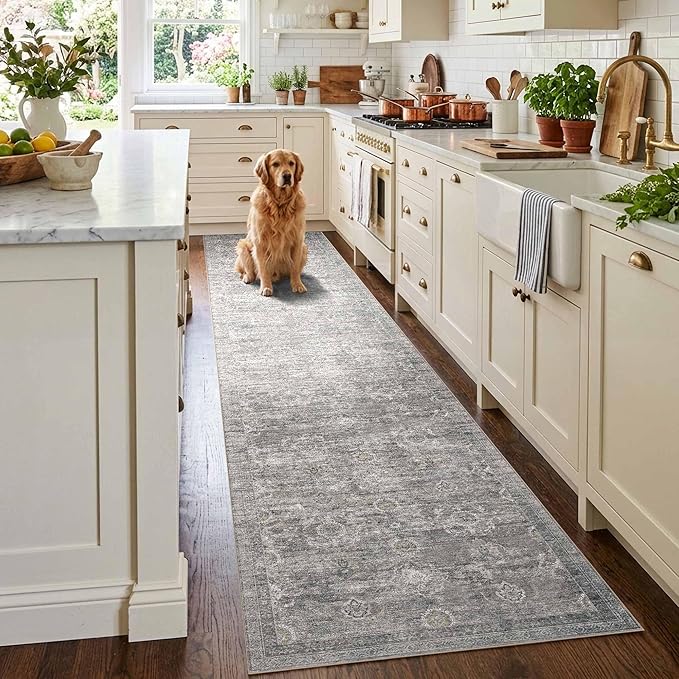 Rugxara 2x10 Runner Rug, Washable Kitchen Rugs, Grey Boho Vintage Floral Hallway Runner, Non Slip Low Pile Area Rug Carpet for Indoor Hallway, Kitchen, Laundry Room and Bathroom(Taupe/Grey 2x10ft)