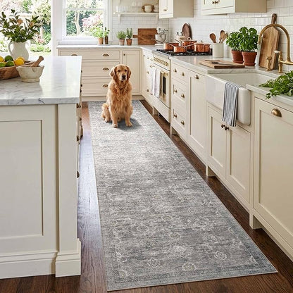 Rugxara 2x10 Runner Rug, Washable Kitchen Rugs, Grey Boho Vintage Floral Hallway Runner, Non Slip Low Pile Area Rug Carpet for Indoor Hallway, Kitchen, Laundry Room and Bathroom(Taupe/Grey 2x10ft)