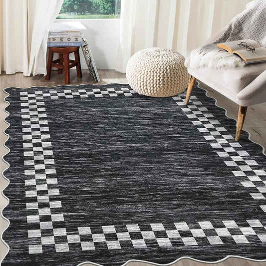 GarveeHome 8x10 Area Rug for Living Room Scalloped Washable Large Bedroom Rug Non Slip Stain Resistant Modern Border Dining Room Throw Carpet Scalloped Boho Rug for Home Decor Office Nursery, Grey