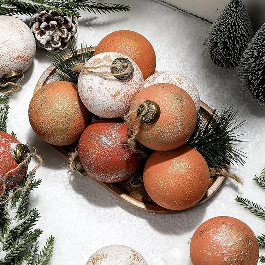12Pcs 2.36'' Large Rustic Vintage Neutral Textured Farmhouse Brown 2025 Christmas Ornaments Ball for Christmas Tree Decor,Boho Orange Copper Hanging Xmas Ornaments Shatterproof Ball for Home Decor