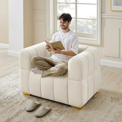 VANOMi Sofa and Chair Set, Modern Deep Seat Couch & Boucle Sofa Chairs, Oversized Upholstered Couch Sets for Living Room, Bedroom, Office, Apartment, White (2 Pieces)
