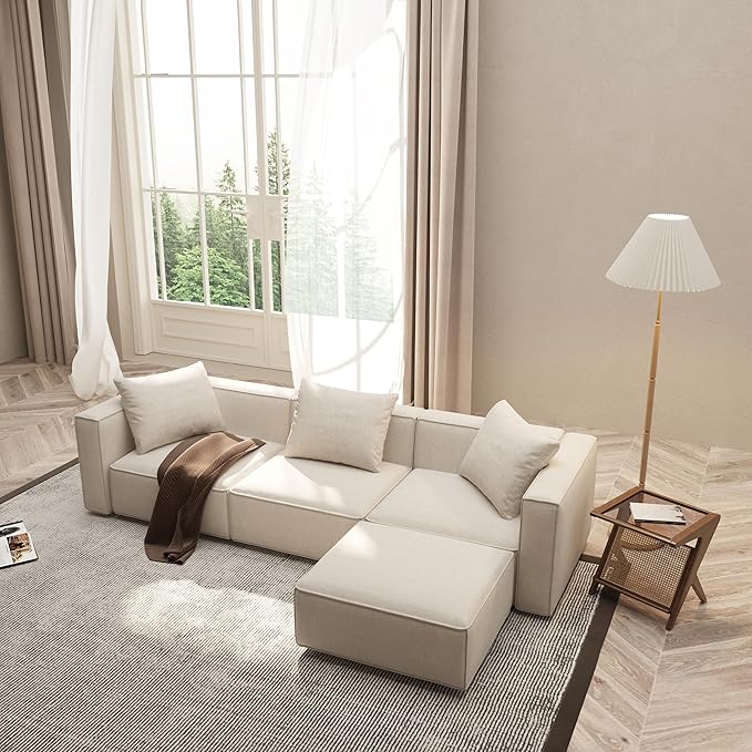 Acanva Luxury Modular Sectional Living Room Sofa Set, Modern Minimalist Style Couch with Ottoman and Chaise, L-Shape, Linen-Like Cream | Minimalist Style