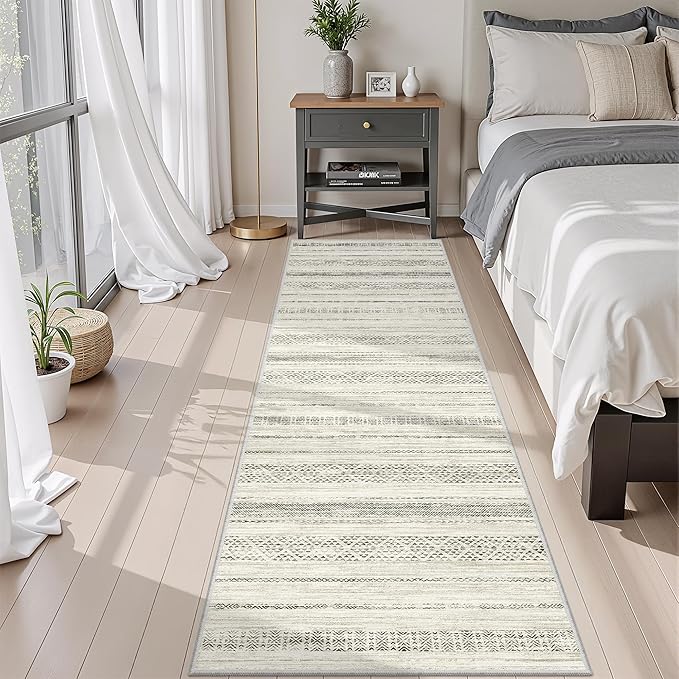 Miukiki 2x8 Runner Rug Moroccan Washable Kitchen Rug Non Slip Indoor Floor Hallway Runner Rug Foldable Carpet for Bathroom Laundry Room with Low Pile(Grey,2'x8')