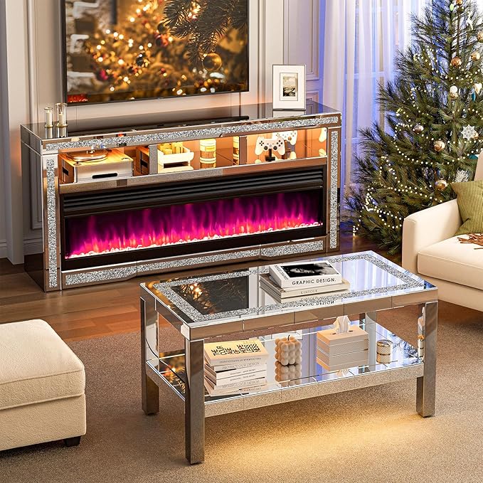 Mirrored Fireplace TV Stand with LED, Silver TV Console Table with Crushed Diamond for 65+ inch TV, Modern Media Entertainment Center with Storage for Living Room