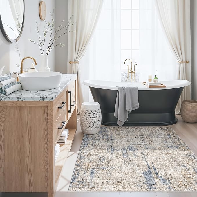 4x4 Square Entryway Rug Washable – Non-Slip Small Area Rug for Kitchen or Bathroom, Soft Low-Pile Indoor Mat, Modern Abstract Thin Door Carpet (Blue Brown)