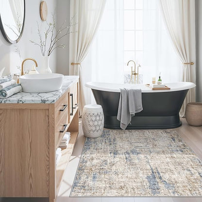 4x4 Square Entryway Rug Washable – Non-Slip Small Area Rug for Kitchen or Bathroom, Soft Low-Pile Indoor Mat, Modern Abstract Thin Door Carpet (Blue Brown)