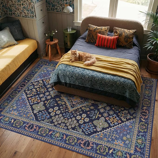 Kokia 9x12 Area Rugs for Living Room, Machine Washable Low Pile Rug, Non Slip Backing Boho Rugs for Bedroom, Printed Soft Vintage Carpet Navy Blue Green 9 x 12