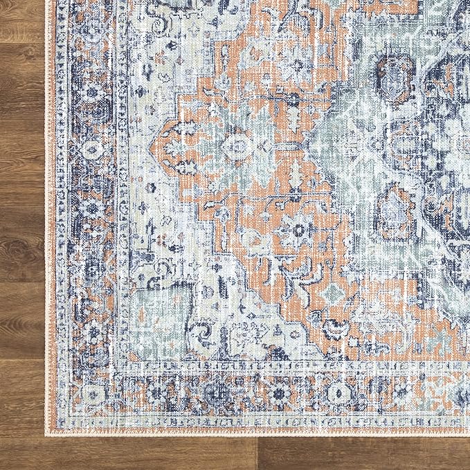 Bloom Rugs Washable Non-Slip 4' x 6' Rug - Peach/Blue Traditional Area Rug for Living Room, Bedroom, Dining Room, and Kitchen - Exact Size: 4' x 6'