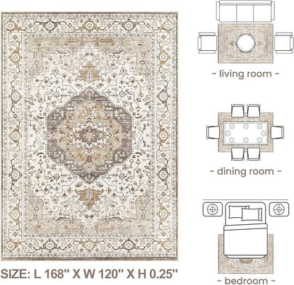 Area Rug for Living Room - 10x14 Soft Washable Oriental Vintage Floral Distressed Large Carpet - Fade Stain Resistant Non Slip Rugs for Bedroom Dining Room Nursery Dorm Office Home Decor-Camel/Beige