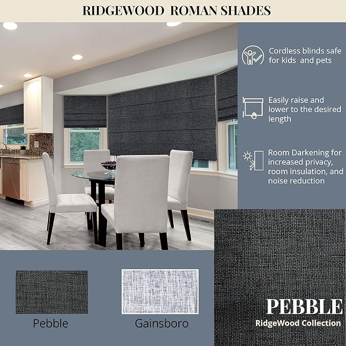 CHICOLOGY Cordless Roman Shades for Windows, Lexington Pebble (Blackout Style) Lined Polyester Room Darkening Shade, Privacy Window Treatment, Inside/Outside Mount, True-to-Size, 39" W x 72" H