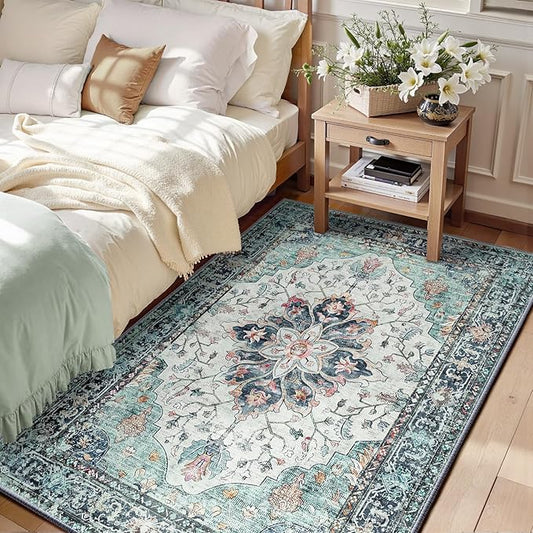 RELEANY Area Rugs 3'x5' Washable Non-Slip, Floral Vintage Distress Print Pattern Medallion Carpet for Living Room Bedroom Dining Room, Green Navy Blue White Red Teal Colorful