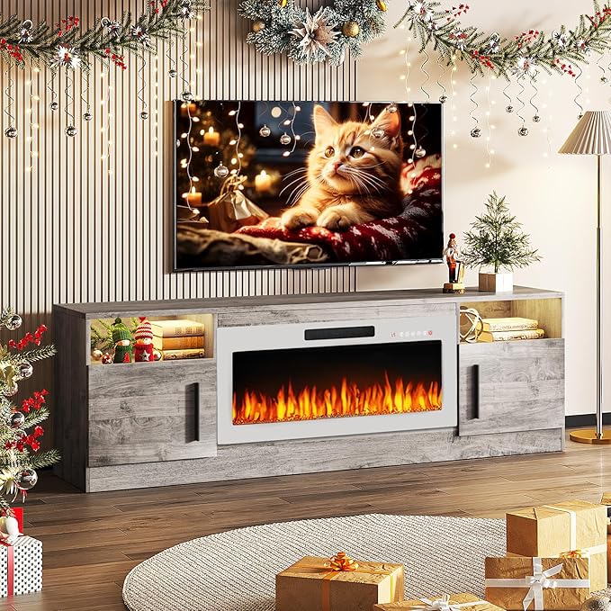 TAVATA 70" Fireplace TV Stand, Modern LED Light Entertainment Center with Storage and 36" Fireplace, Media TV Console for TVs Up to 80", Fire Place TV Stands for Living Room, Grey+White