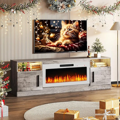 TAVATA 70" Fireplace TV Stand, Modern LED Light Entertainment Center with Storage and 36" Fireplace, Media TV Console for TVs Up to 80", Fire Place TV Stands for Living Room, Grey+White