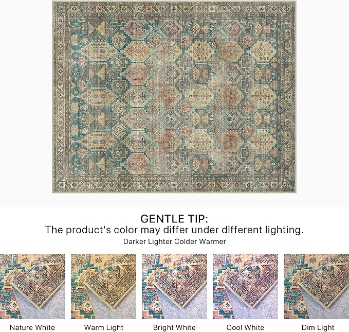 Bavni Washable Rug 8x10 Area Rug for Living Room Bedroom Dining, Washable Vintage Print Carpet, Ultra-Thin Low Pile Lightweight Rug with Non Slip Backing, Multi Green