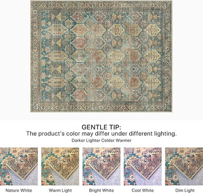 Bavni Washable Rug 8x10 Area Rug for Living Room Bedroom Dining, Washable Vintage Print Carpet, Ultra-Thin Low Pile Lightweight Rug with Non Slip Backing, Multi Green