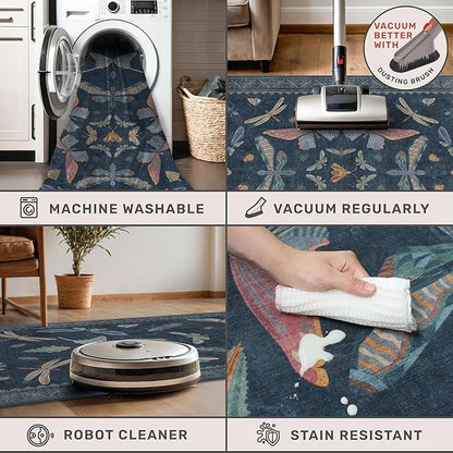 Boho Living Room Area Rug 6x9, Non Slip Dining Room Rugs for Under Table, Washable Soft Low Pile Bedroom, Vintage Insect Moth Dark Home Décor, Stain Resistant Carpet (Navy Blue)