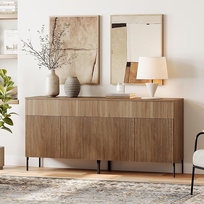WAMPAT Fluted TV Stand TVs up to 70 inch, 63" W Modern TV Entertainment Center with Storage Cabinets and 2 Drawers & 4 Doors, Wood Media TV Console Table with Storage for Living Room, Light Walnut