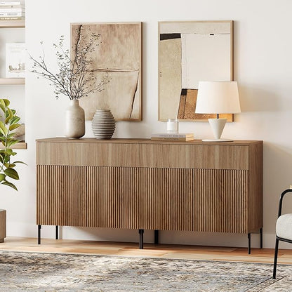 WAMPAT Fluted TV Stand TVs up to 70 inch, 63" W Modern TV Entertainment Center with Storage Cabinets and 2 Drawers & 4 Doors, Wood Media TV Console Table with Storage for Living Room, Light Walnut