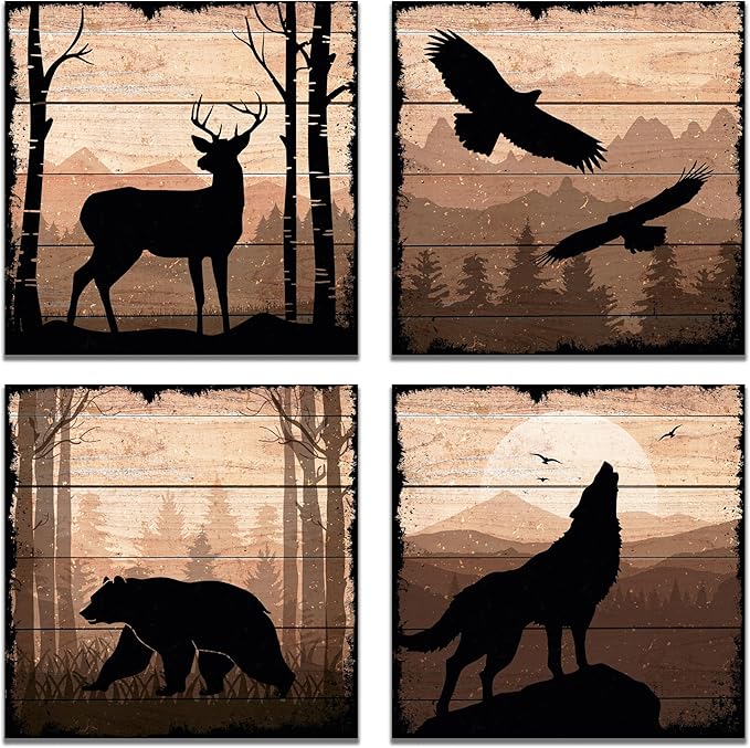 DIMARONGTON Wild Animal Canvas Wall Art Set of 4, 12x12 Inch Nature Canvas Art, Rustic Cabin Decor, Wildlife Prints Deer, Bear, Wolf Animal Wall Decor