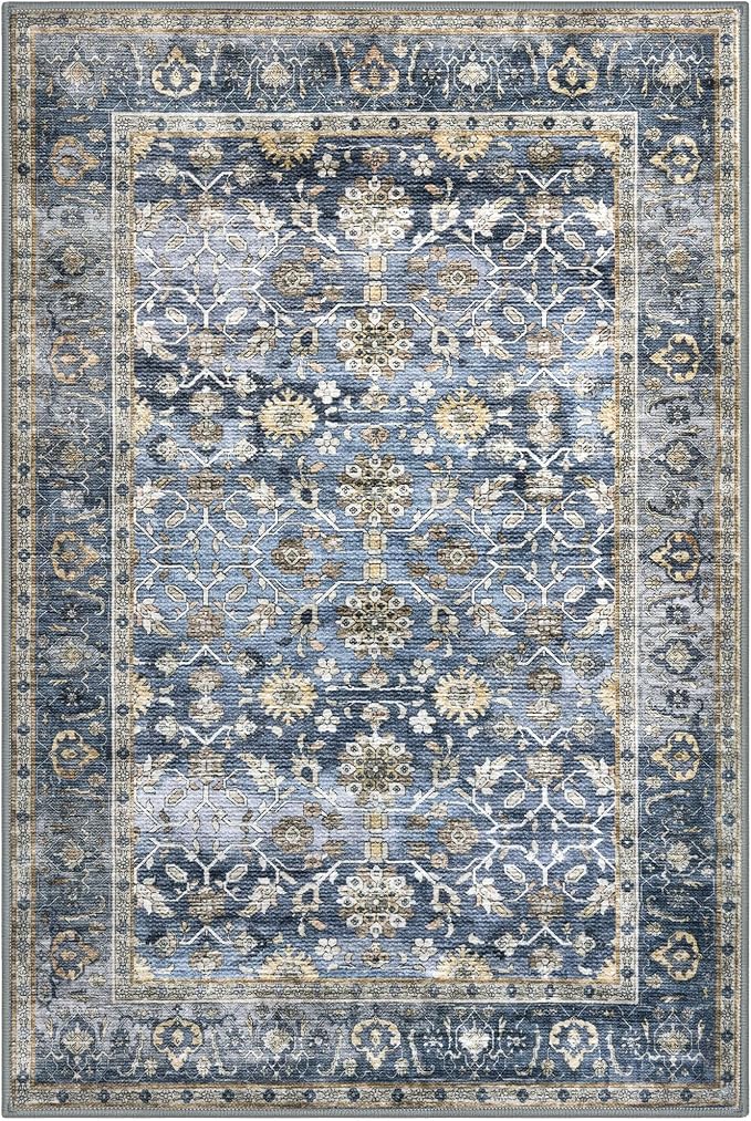 KUTA Vintage Floral Rugs for Entryway, 2PCS 2x3 and 2x6 Blue Grey Beige Entrance Small Area Rug, Non-Slip Washable Ultra Thin Soft Hallway Runner Rug, Low-Pile Indoor Door Mat Floor Carpet