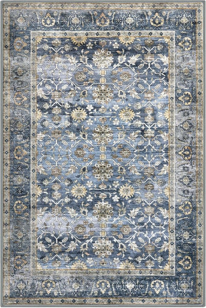 KUTA Vintage Floral Rugs for Entryway, 2PCS 2x3 and 2x6 Blue Grey Beige Entrance Small Area Rug, Non-Slip Washable Ultra Thin Soft Hallway Runner Rug, Low-Pile Indoor Door Mat Floor Carpet