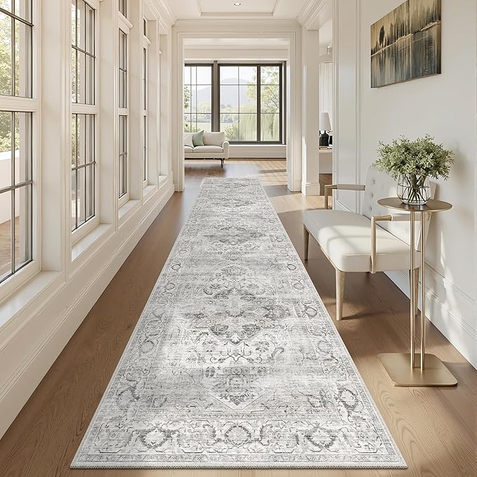 Washable 2x10 Runner Rug - Non Slip Vintage Hallway Runner Rugs for Kitchen, Waterproof Stain Resistant Long Carpet for Living Room Entryway Bedroom Laundry Ivory/Gray