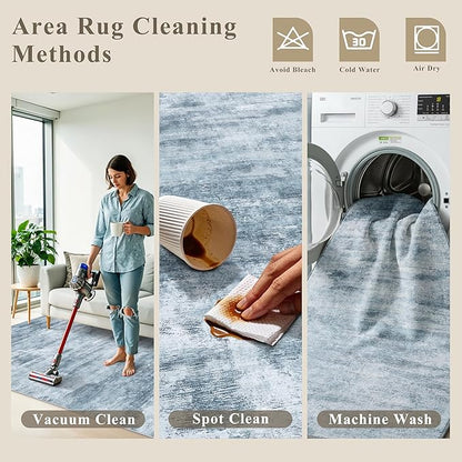 12x12ft Square Living Room Rug – Non-Slip Washable Extra Large Floor Carpet for Bedroom, Dining Room, Playroom Room – Modern Abstract Neutral Thin Low-Pile Big Indoor Rug (Misty Blue Gray)