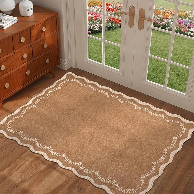 GarveeHome Scalloped Entryway Rug, 2x3 Solid Brown Washable Front Door Rug Indoor Entrance Floral Carpet Non-Slip Low Pile Throw Rugs for Kitchen Floor, Powder Room, Entry, Bathroom, Kids Room
