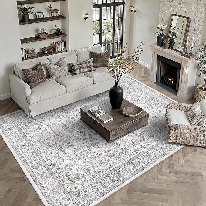8x10 Gray Washable Area Rugs for Living Room Non Slip Low Pile Vintage Boho Throw Rug Soft Retro Distressed Floral Large Carpet Indoor Farmhouse Decor for Bedroom Dining Room Office Kitchen Playroom