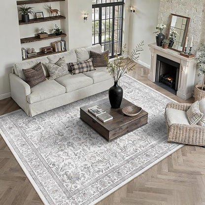 8x10 Gray Washable Area Rugs for Living Room Non Slip Low Pile Vintage Boho Throw Rug Soft Retro Distressed Floral Large Carpet Indoor Farmhouse Decor for Bedroom Dining Room Office Kitchen Playroom