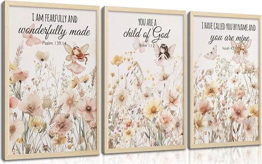 3Pcs Christian Nursery Wall Art Wildflower Bible Verse Canvas Painting Vintage Flower Scripture Pictures Wall Decor Butterfly Girl Floral Posters Prints for Girls Baby Room Living Bedroom Unframed