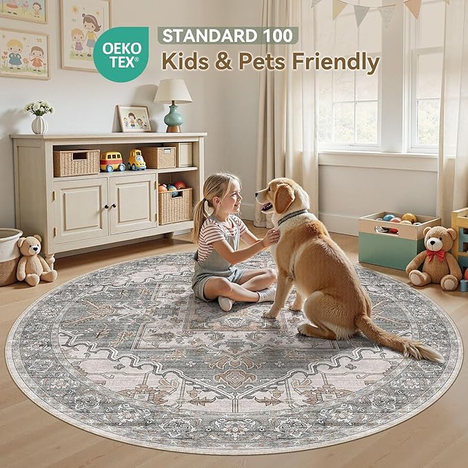 6ft Round Rug for Living Room: 6x6 Washable Vintage Gray Brown Area Rug, Large Non Slip Soft Stain Resistant Indoor Floor Carpet for Bedroom Dining Decor Home Office Kid & Pet Friendly