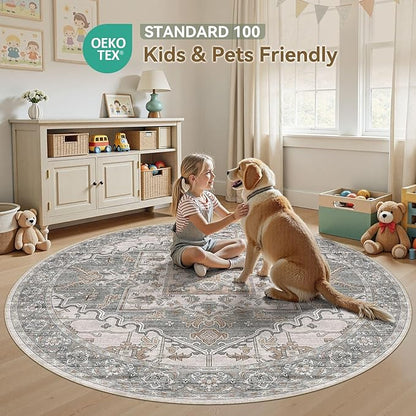 6ft Round Rug for Living Room: 6x6 Washable Vintage Gray Brown Area Rug, Large Non Slip Soft Stain Resistant Indoor Floor Carpet for Bedroom Dining Decor Home Office Kid & Pet Friendly