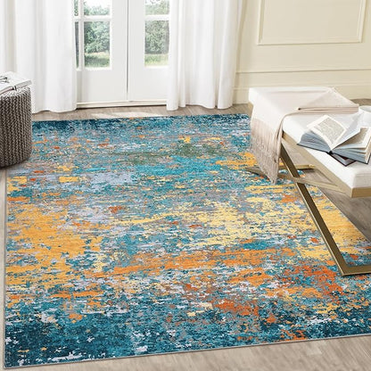 ROYHOME 9x12 Modern Abstract Accent Rug Non Slip Stain Resistant Washable Throw Rug Low Pile Indoor Floor Cover for Living Room Bedroom Office Home Decor, Multi Color