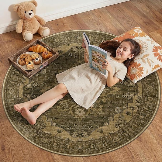 RELEANY Area Rugs Round 4ft Washable Non-Slip, Floral Vintage Distress Print Pattern Medallion Carpet for Living Room Bedroom Dining Room, Brown Dark Brown