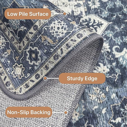 GENIMO 2x7 Runner Rugs for Hallway, Machine Washable Non Slip Vintage Rugs, Low Pile Lightweight Soft Print Rug for enrtyway, Corridor, Home Office, Kitchen, Center Blue