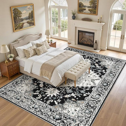 10x14 Washable Area Rugs for Living Room: Non Slip Vintage Black Rug, Large Soft Stain Resistant Indoor Floor Carpets for Bedroom Dining Room Nursery Home Office Kid & Pet Friendly