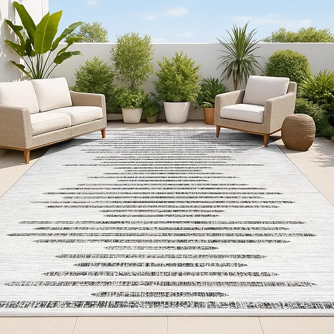 JONATHAN Y Stripe Geometric Indoor Outdoor Area Rug 4X6 Ivory/Black, Zolak Berber for Backyard, Patio, Porch, Easy-Cleaning, High Traffic, Pet-Friendly, Non-Shedding (SMB124D-4)