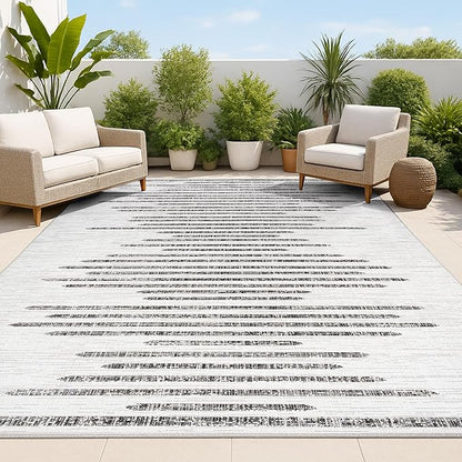 JONATHAN Y Stripe Geometric Indoor Outdoor Area Rug 5X8 Ivory/Black, Zolak Berber for Backyard, Patio, Porch, Easy-Cleaning, High Traffic, Pet-Friendly, Non-Shedding (SMB124D-5)