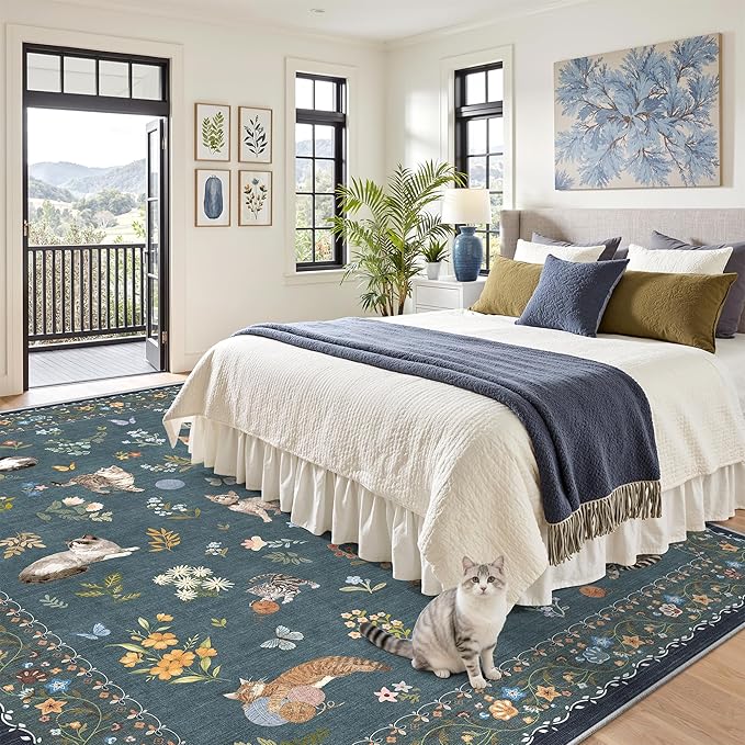 Soalmost Cat 8x10 Area Rugs for Living Room, Machine Washable Animal Floral Vintage Rug Non-Slip Low Pile Soft Throw Large Rugs for Classroom Bedroom Dining Room Nursery Playroom (8 x 10,Navy Blue)