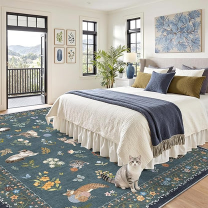 Soalmost Cat 8x10 Area Rugs for Living Room, Machine Washable Animal Floral Vintage Rug Non-Slip Low Pile Soft Throw Large Rugs for Classroom Bedroom Dining Room Nursery Playroom (8 x 10,Navy Blue)