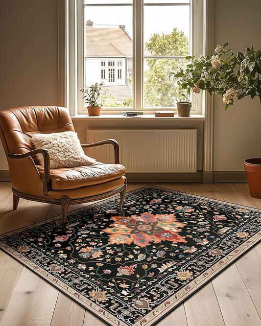 RELEANY Area Rugs 3'x4' Washable Non-Slip, Floral Vintage Distress Print Pattern Medallion Carpet for Living Room Bedroom Dining Room, Black Colorful Floral Dark Tan