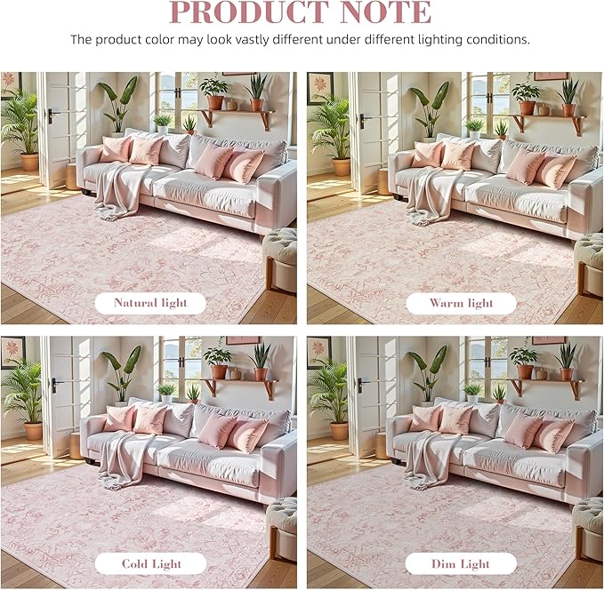Pink Vintage Area Rug 3x5 for Living Room Bedroom, Washable Distressed Farmhouse Soft Thin Non-Shedding Indoor Throw Rug, Traditional Accent Carpet for Bedroom Office