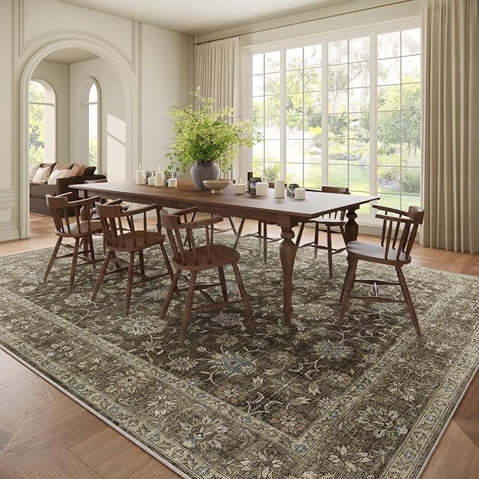 Washable 9x12 Area Rugs for Living Room, Boho Non-Slip Vintage Distress Lager Rugs for Bedroom Dining Room Nursery Office, 0.3" Neutral Oriental Throw Thin Carpet, Tan/Flaxen/Multi, E2