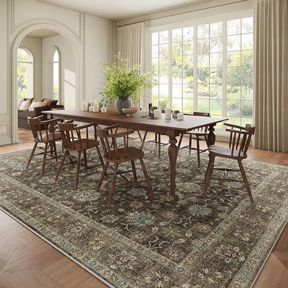 Washable 9x12 Area Rugs for Living Room, Boho Non-Slip Vintage Distress Lager Rugs for Bedroom Dining Room Nursery Office, 0.3" Neutral Oriental Throw Thin Carpet, Tan/Flaxen/Multi, E2