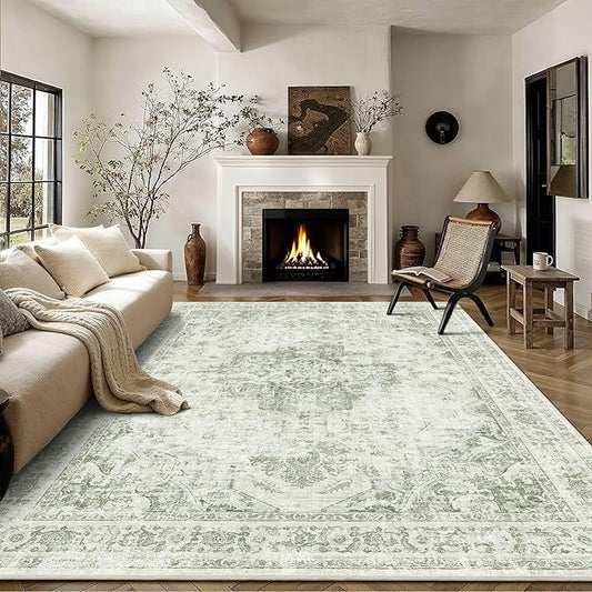 8x10 Vintage Washable Area Rugs Boho Medallion Large Distressed Retro Accent Carpet Floral Non-Slip Soft Low Pile Indoor Throw Rug for Living Room Bedroom Dining Room Office Kitchen, Green