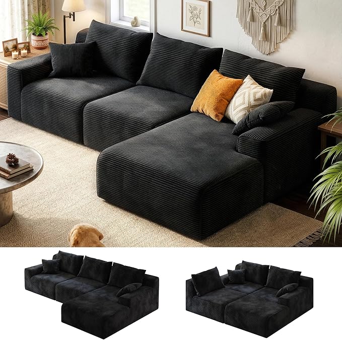 Homkdom L-Shaped Cloud Boneless Couch with Deep Seat, Modular Sectional Sofa with Oversized Chaise, 6 Layouts Combination for Living Room, Apartment, No Assembly Required (Black, Right Facing Chaise)